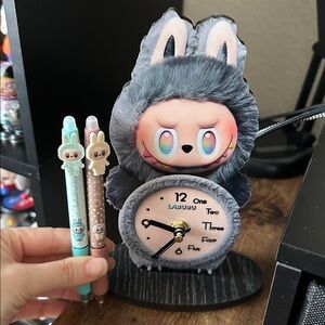 Labubu tabletop Clock Figure in Gray with Pastel Face